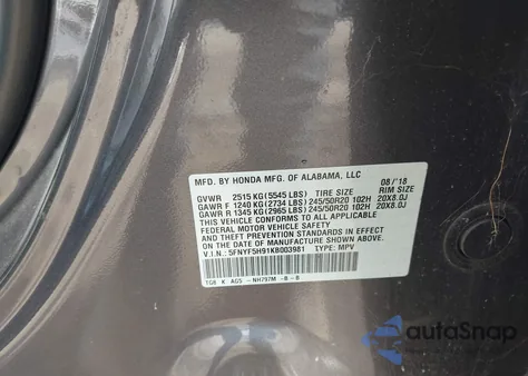 2019 Honda Pilot Touring из США, поврежденный, VIN 5FNYF5H91KB003981